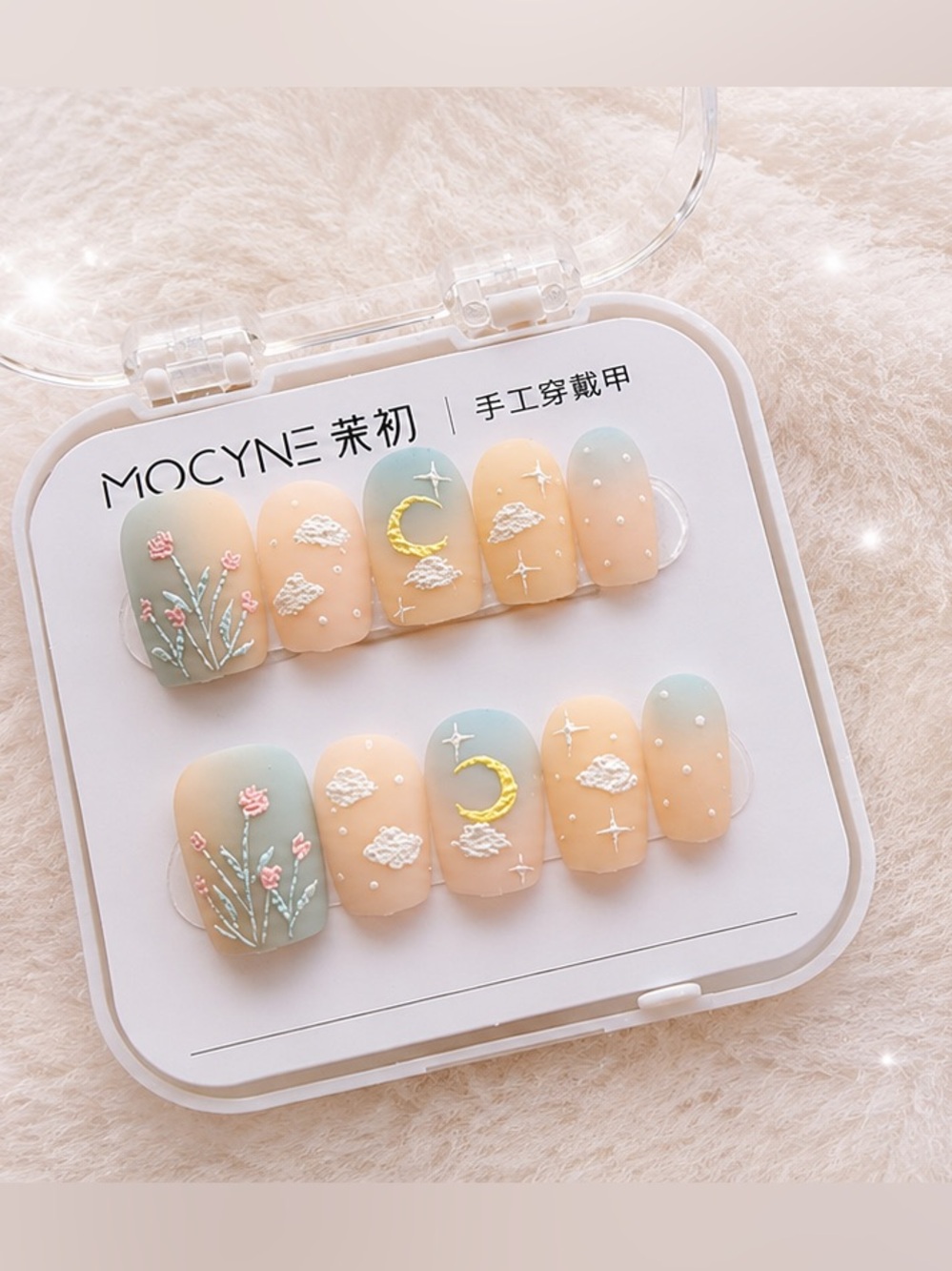Pastel Moon & Floral Press-On Nails - 24 Nails + Prep Items